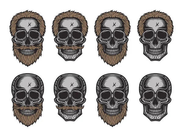 Set Elemento Peluquería Grabado Linograbado Madera Vintage Retro Cráneo Halloween — Vector de stock