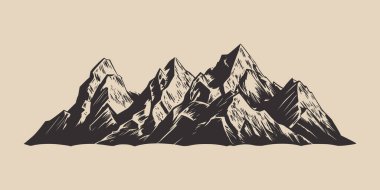 Eski model oyma tarzı bir dağ seti. Logo, amblem, poster ve dadge tasarımı için kullanılabilir. Monokrom Grafik Sanatı. İşleme stili. Vektör İllüstrasyonu.
