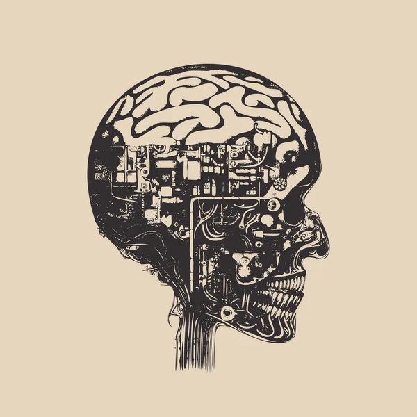 Engraving Vintage Retro Illustration Future Education System Artificial Intelligence Brain — Stok Vektör