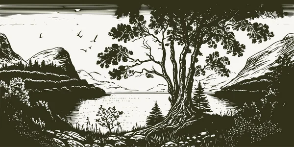 Vintage Стиле Ретро Гравировки Скандинавских Приключенческих Пейзажей Наружной Сцены Путешествия — стоковый вектор