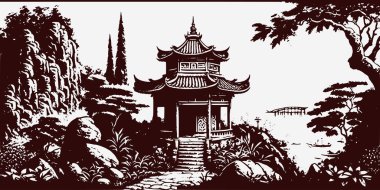 Vintage retro kabartma stili Çin yapımı Japonya Kore Asya tapınağı kulesi. Ağaçlı, doğa manzaralı. Arka plan macerası titreşimi. Grafik Sanatı Vektörü İllüstrasyonu.