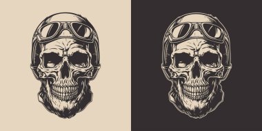 Antika korkunç kafatası seti. Amblem, logo, rozet, etiket gibi kullanılabilir. İşaret, poster ya da baskı. Monokrom Grafik Sanatı. Vektör. Oymacılıkta el çizimi ögesi