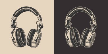 Eski model müzik seti, stüdyo kulaklığı. Amblem, logo ya da baskı gibi kullanılabilir. Monokrom Grafik Sanatı. Vektör. İşleme biçiminde el çizimi ögesi.