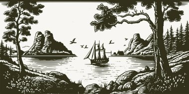 Vintage retro gravür stili İskandinav macera manzarası. Seyahat gezisi Viking keşif atmosferi. Grafik Sanatı Vektörü İllüstrasyonu.