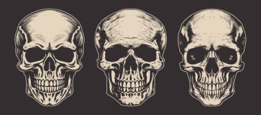 Eski tip korkutucu hippi kafatası seti. Amblem, logo, rozet, etiket gibi kullanılabilir. İşaret, poster ya da baskı. Monokrom Grafik Sanatı. Vektör. Oymacılıkta el çizimi ögesi