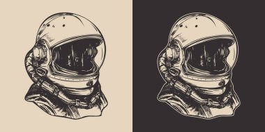 Bir dizi antika astronot Nasa gelecekteki uzay macerası keşfi. Galaksi bilim gezisi. Grafik Sanatı. Vektör İllüstrasyonu