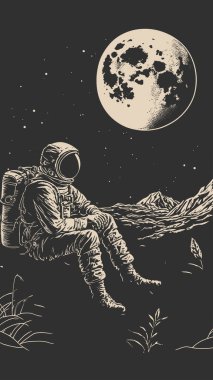 Retro Vintage oyma Woodcut Linocut tarzı uzay dublörü Ay yüzeyinde oturuyor. Yalnız macera gelecekteki heyecanı keşfeder. Dekorasyon ya da grafik tasarım için kullanılabilir. Grafik Sanatı Vektörü