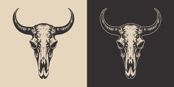 ヴィンテージレトロ恐ろしい牛の牛の頭蓋骨の頭の骨格のセット カウボーイ インディアン エンブレム ロゴのように使用することができます モノクロームグラフィックアート ベクトル 彫刻風の手描き要素 — ストックベクタ