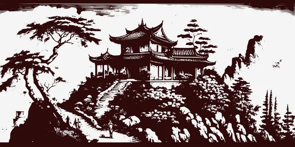 Vintage Retro Grawerowanie Styl Chiński Japonia Koreański Azjatycki Świątynia Wieża — Wektor stockowy