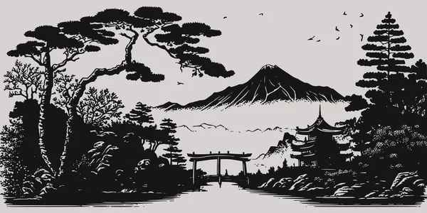 ヴィンテージレトロな彫刻スタイル日本木の自然野生の風景とアジアのJuji山 背景アウトドアアドベンチャーの雰囲気 グラフィックアートベクトルイラスト — ストックベクタ