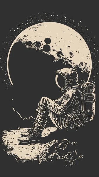 复古雕刻木刻林库特风格的太空奇才坐在月球表面 孤独的冒险探索未来的感觉 可用于装饰或平面设计 图形艺术矢量 — 图库矢量图片