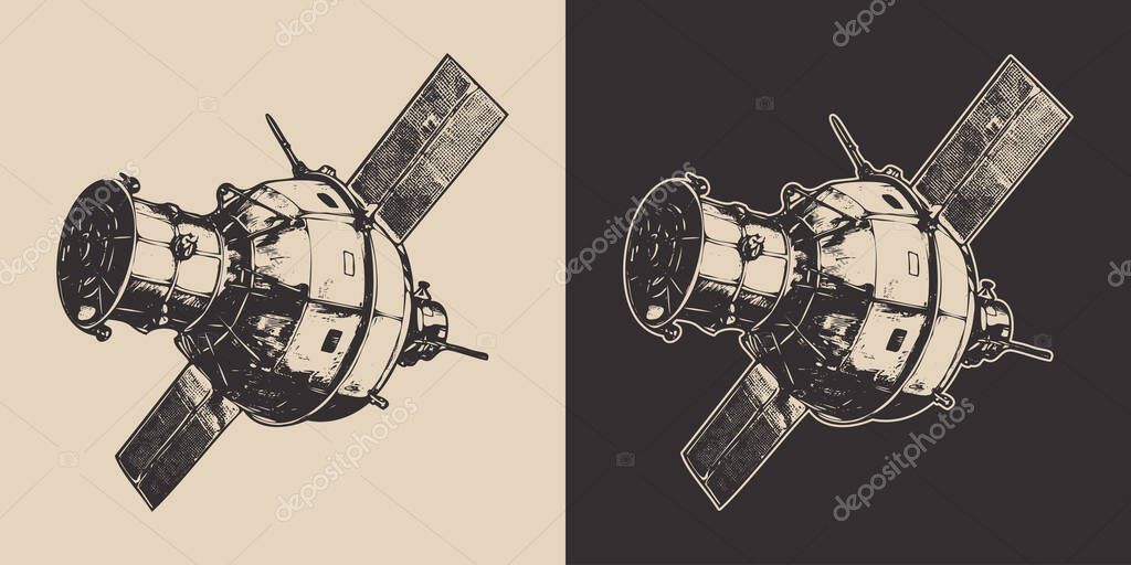 Set of vintage space galaxy adventure spy explore satellite. future adventure science. Graphic Art. Vector