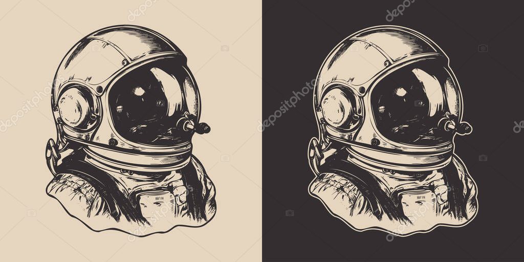Set of vintage retro astronaut nasa future space adventure explore. Galaxy science trip. Graphic Art. Vector Illustration