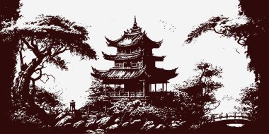 Vintage retro kabartma stili Çin yapımı Japonya Kore Asya tapınağı kulesi. Ağaçlı, doğa manzaralı. Arka plan macerası titreşimi. Grafik Sanatı Vektörü İllüstrasyonu.