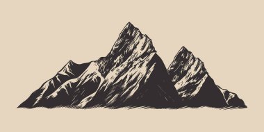 Eski model oyma tarzı bir dağ seti. Logo, amblem, poster ve dadge tasarımı için kullanılabilir. Monokrom Grafik Sanatı. İşleme stili. Vektör