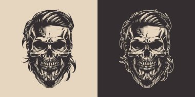 Set of vintage retro scary hipster skull. Can be used like emblem, logo, badge, label. mark, poster or print. Monochrome Graphic Art. Vector. Hand drawn element in engraving style.	