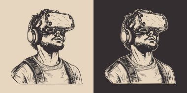 Sanal gerçeklik maskesinin maskesini takan eski model oymalı el başlık camı. Gelecekteki yenilik teknolojisi eğitim siberi. Grafik Sanatı Vektörü