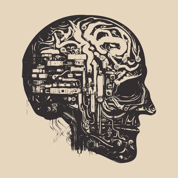 将来の教育システムのヴィンテージのレトロなイラストを彫刻 人工知能脳心人間の頭脳サイボーグ グラビアグラフィティスタイルのポスター グラフィックアート イラストレーション — ストックベクタ