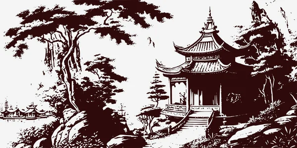 Vintage Retro Engraving Style Chinese Korean Asian Temple Tower Tree — 스톡 벡터