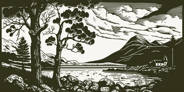 Vintage Стиле Ретро Гравировки Скандинавских Приключенческих Пейзажей Наружной Сцены Путешествия — стоковый вектор