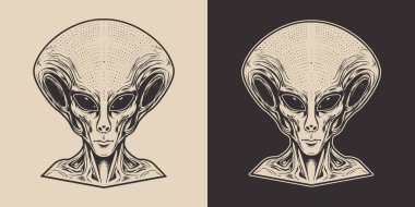 Eski moda çizgi film çizgi romanları uzaylı UFO yaratığı insansı karakter ürkütücü komik surat portresi. Grafiksel ahşap oymacılığı sanatı.