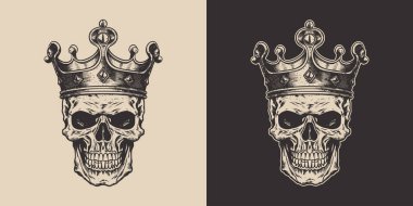Kral tacıyla birlikte eski moda korkunç hippi kovboy kafatası seti. Amblem, logo ya da baskı gibi kullanılabilir. Monokrom Grafik Sanatı. Vektör. İşlemedeki el çizimi ögesi