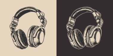 Eski model müzik seti, stüdyo kulaklığı. Amblem, logo, rozet, etiket gibi kullanılabilir. İşaret, poster ya da baskı. Monokrom Grafik Sanatı. Vektör. İşleme biçiminde el çizimi ögesi.