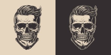 Antika korkunç kafatası seti. Amblem, logo, rozet, etiket gibi kullanılabilir. İşaret, poster ya da baskı. Monokrom Grafik Sanatı. Vektör. Oymacılıkta el çizimi ögesi