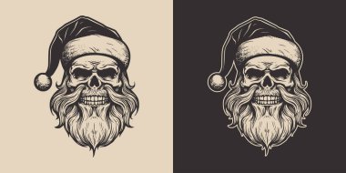 Antika dövmeli, korkunç, ürkütücü, korkunç kafataslı, şapkalı Noel Baba. Mutlu noeller yeni yıl Cadılar Bayramı posteri. Grafik Sanatı. İşleme biçimi.