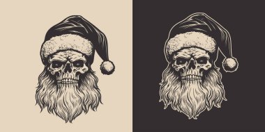 Antika dövmeli, korkunç, ürkütücü, korkunç kafataslı, şapkalı Noel Baba. Mutlu noeller yeni yıl Cadılar Bayramı posteri. Grafik Sanatı. İşleme biçimi.