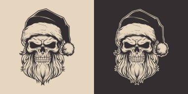 Antika dövmeli, korkunç, ürkütücü, korkunç kafataslı, şapkalı Noel Baba. Mutlu noeller yeni yıl Cadılar Bayramı posteri. Grafik Sanatı. İşleme biçimi.