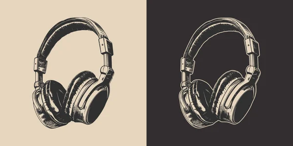 一套老式复古雕刻立体声录音室耳机 可用作标志 标签等 海报或印刷品 单色图形艺术 手绘雕版元素 — 图库矢量图片