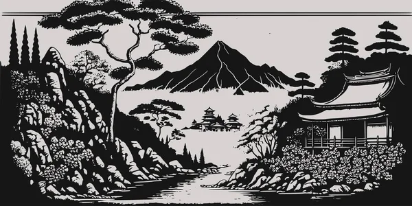 Vintage Retro Grawerowanie Styl Japonia Asian Juji Góra Drzew Przyrody — Wektor stockowy