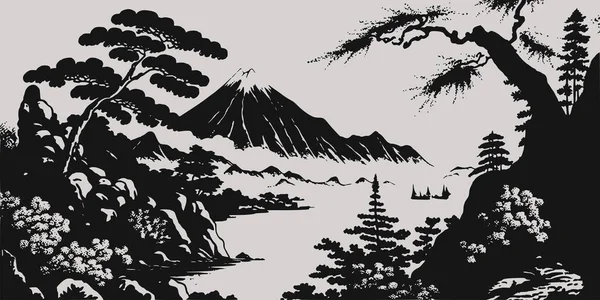 Vintage Estilo Gravura Retro Japão Asiático Montanha Juji Com Árvores — Vetor de Stock