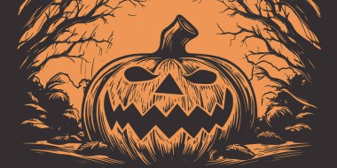 Korkunç, ürkütücü Cadılar Bayramı balkabağı ormanı posteri. Geleneksel sonbahar Amerikan bayram sembolü. Grafik Sanatı İllüstrasyonu