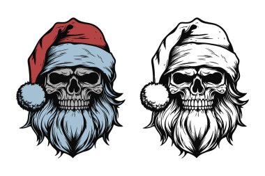 Antika eski dövmeler korkunç korkunç korkunç korkunç kafataslı iskelet Noel Baba şapkalı. Mutlu noeller yeni yıl Cadılar Bayramı posteri. Grafik Sanatı. Oyma vektör biçimi.