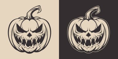 Korkunç, ürkütücü Cadılar Bayramı balkabağı fener canavarı seti. Geleneksel sonbahar Amerikan bayram sembolü. Grafik Sanatı İllüstrasyonu