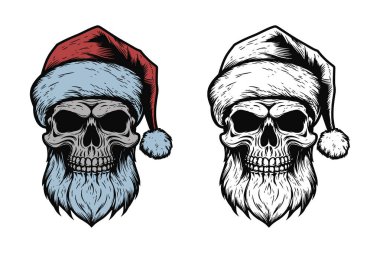 Antika eski dövmeler korkunç korkunç korkunç korkunç kafataslı iskelet Noel Baba şapkalı. Mutlu noeller yeni yıl Cadılar Bayramı posteri. Grafik Sanatı. Oyma vektör biçimi.