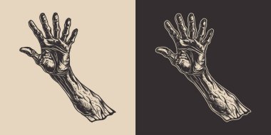 Klasik cadılar bayramı zombi zombi canavar eli kolu. Ürkütücü korkunç bir illüstrasyon. Monokrom Grafik Sanatı. Vektör. Oymacılıkta el çizimi ögesi