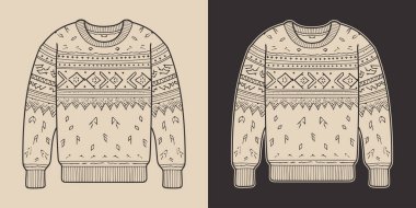 Antika eski yılbaşı Noel 'i çirkin, rahat hippi süveter kazak kazak kazak giysisi. Logo ya da dekorasyon için kullanılabilir. Monokrom Grafik Sanatı. Vektör. Oymacılıkta el çizimi ögesi