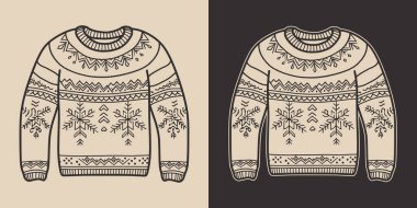 Antika eski yılbaşı Noel 'i çirkin, rahat hippi süveter kazak kazak kazak giysisi. Logo ya da dekorasyon için kullanılabilir. Monokrom Grafik Sanatı. Vektör. Oymacılıkta el çizimi ögesi