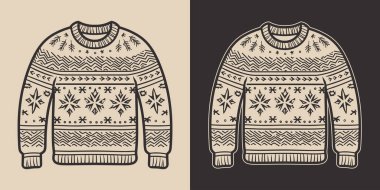 Antika eski yılbaşı Noel 'i çirkin, rahat hippi süveter kazak kazak kazak giysisi. Logo ya da dekorasyon için kullanılabilir. Monokrom Grafik Sanatı. Vektör. Oymacılıkta el çizimi ögesi