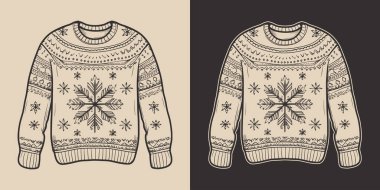 Antika eski yılbaşı Noel 'i çirkin, rahat hippi süveter kazak kazak kazak giysisi. Logo ya da dekorasyon için kullanılabilir. Monokrom Grafik Sanatı. Vektör. Oymacılıkta el çizimi ögesi