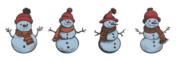 一套老式复古雪人雪片人物与帽子 胡萝卜和围巾 圣诞佳节快乐圣诞佳节在海报之间 图形艺术 雕刻矢量风格 — 图库矢量图片