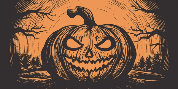 Enge Griezelige Boe Halloween Pompoen Bos Poster Traditionele Herfst Oktober Rechtenvrije Stockvectors