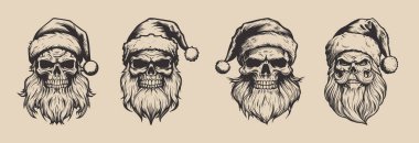 Antika eski dövmeler korkunç korkunç korkunç korkunç kafataslı iskelet Noel Baba şapkalı. Mutlu noeller yeni yıl Cadılar Bayramı posteri. Grafik Sanatı. Oyma vektör biçimi.