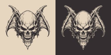 Eski moda cadılar bayramı yarasa kafatası anatomisi korkunç korku elementi. Monokrom Grafik Sanatı. Vektör. Oymacılıkta el çizimi ögesi