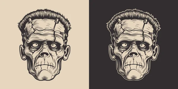 Vintage Retro Halloween Zombie Dead Frankenstein Character Face Portrait Spooky — Stock Vector