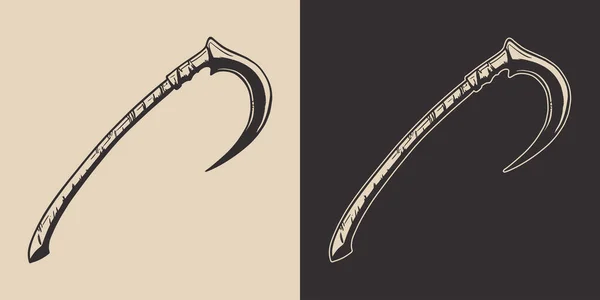 Vintage Retro Halloween Scythe Reaper Sword Weapon Element Monochrome Graphic — Stock Vector