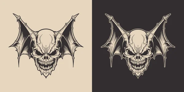 复古万圣节蝙蝠头骨解剖头可怕的恐怖元素 单色图形艺术 手绘雕版元件 — 图库矢量图片